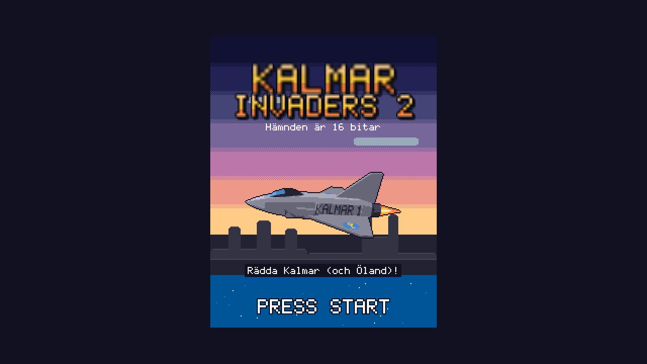 Titeln Kalmar Invaders 2, Hämnden är 16 bitar, med Gripen KALMAR 1 i solnedgången över Kalmar
