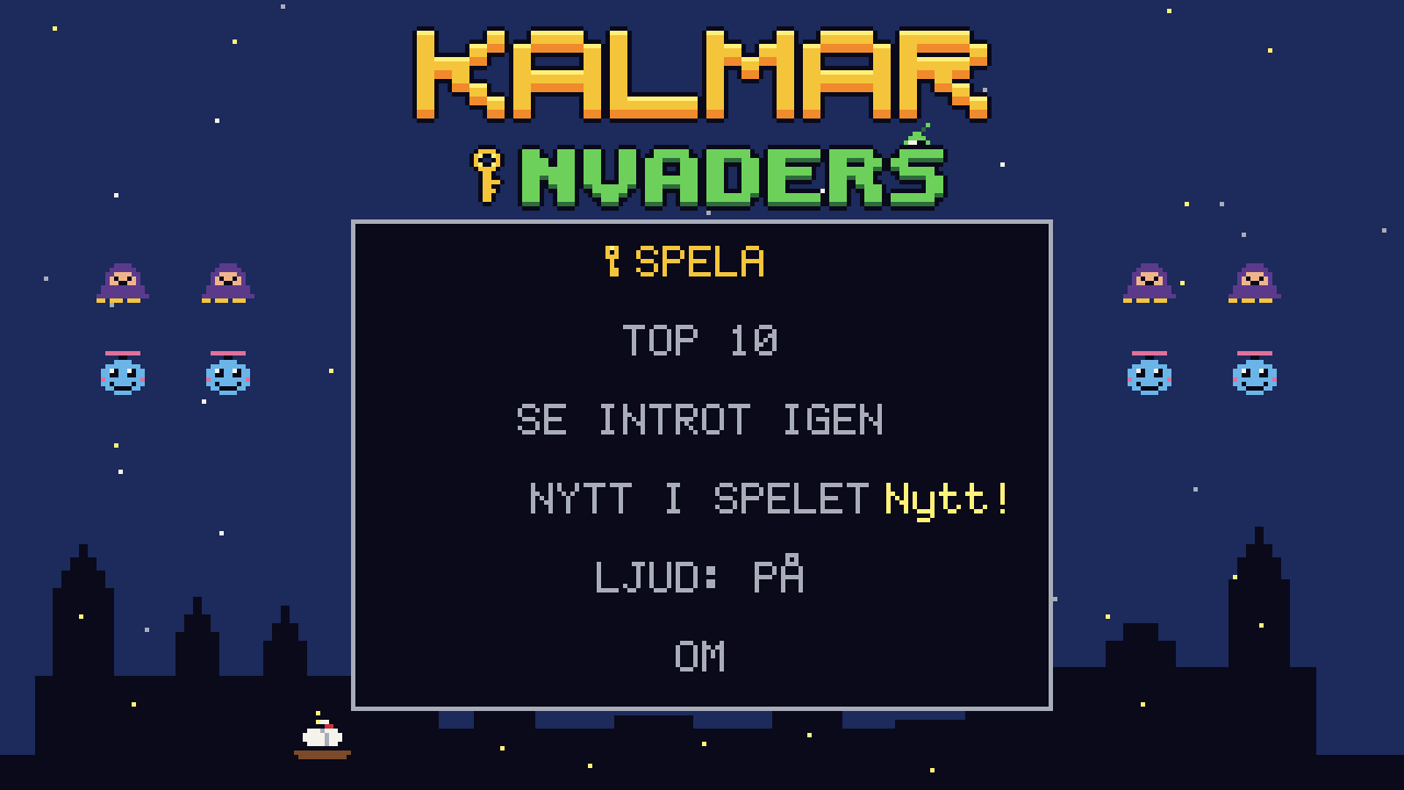 Loggan Kalmar Invaders över natthimlen, med menyn Spela, Top 10, Se introt igen, Nytt i spelet, Ljud och Om