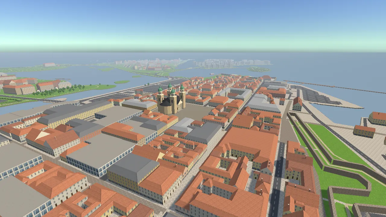 Kvarnholmen från ovan med Domkyrkan, hamnen och Kalmarsund