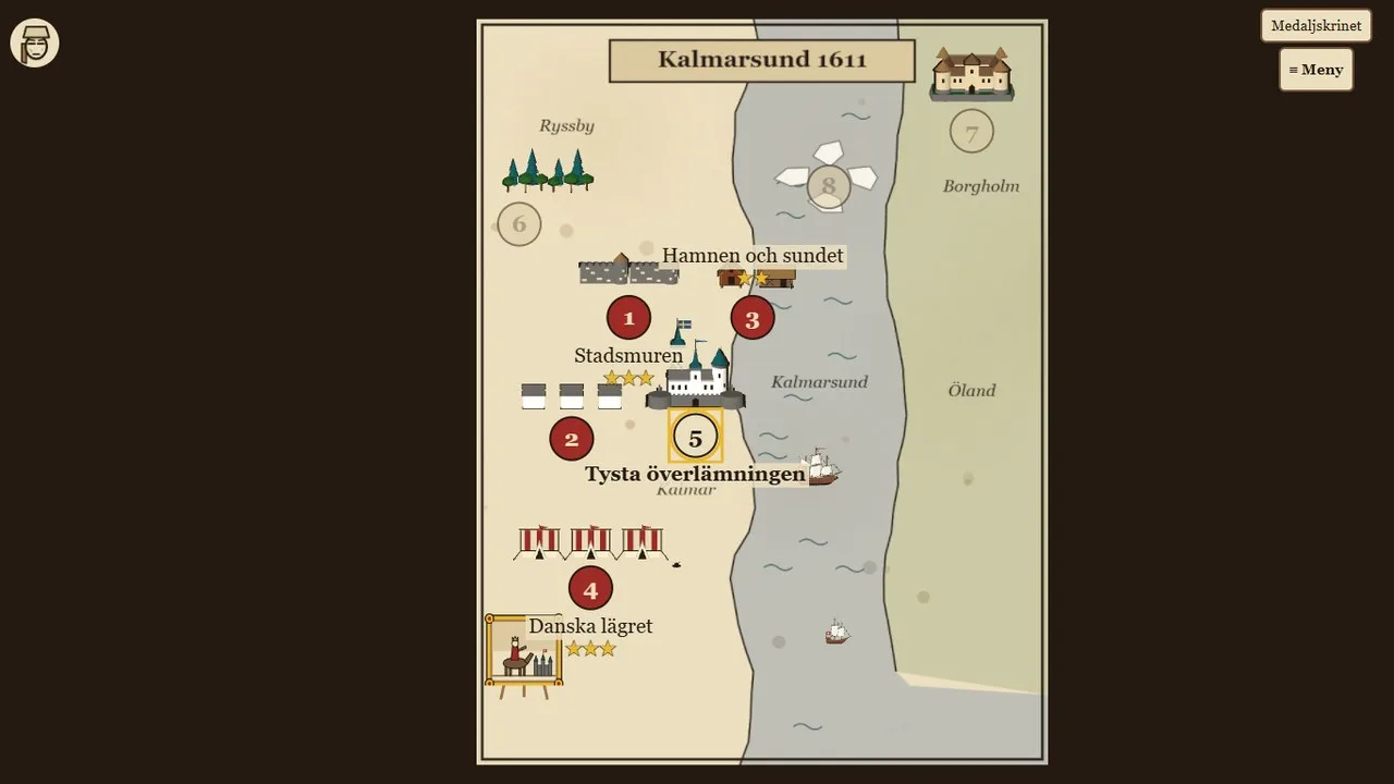 Karta över Kalmarsund 1611 med numrerade banor runt Kalmar slott, danska lägret och Öland