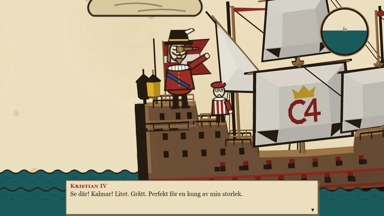 Kristian IV på ett danskt skepp med teleskop och en rädd sjöman bredvid, och en pratbubbla som säger att Kalmar är litet och grått