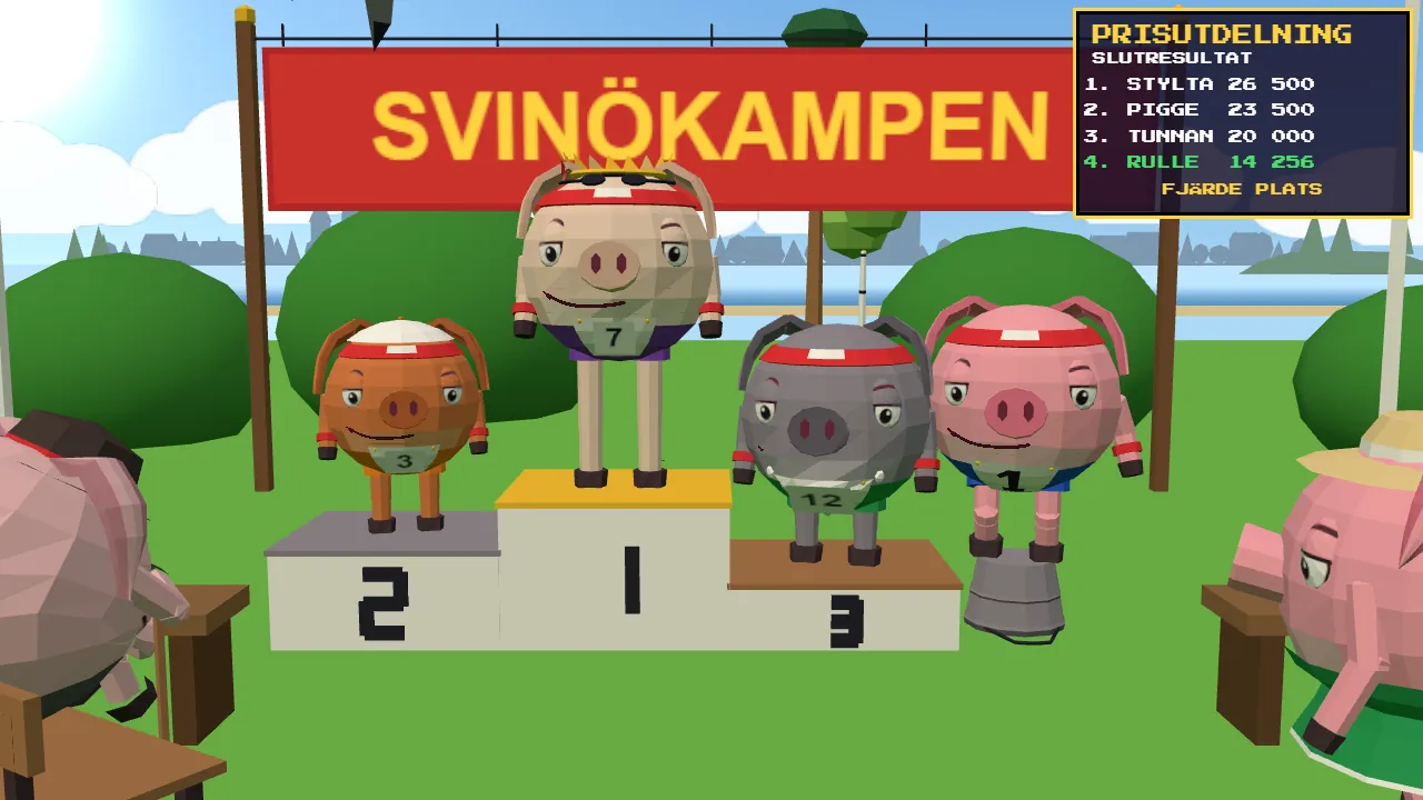Prisutdelningen: Stylta, Pigge och Tunnan på prispallen och Rulle på en uppochnedvänd hink bredvid, på fjärde plats
