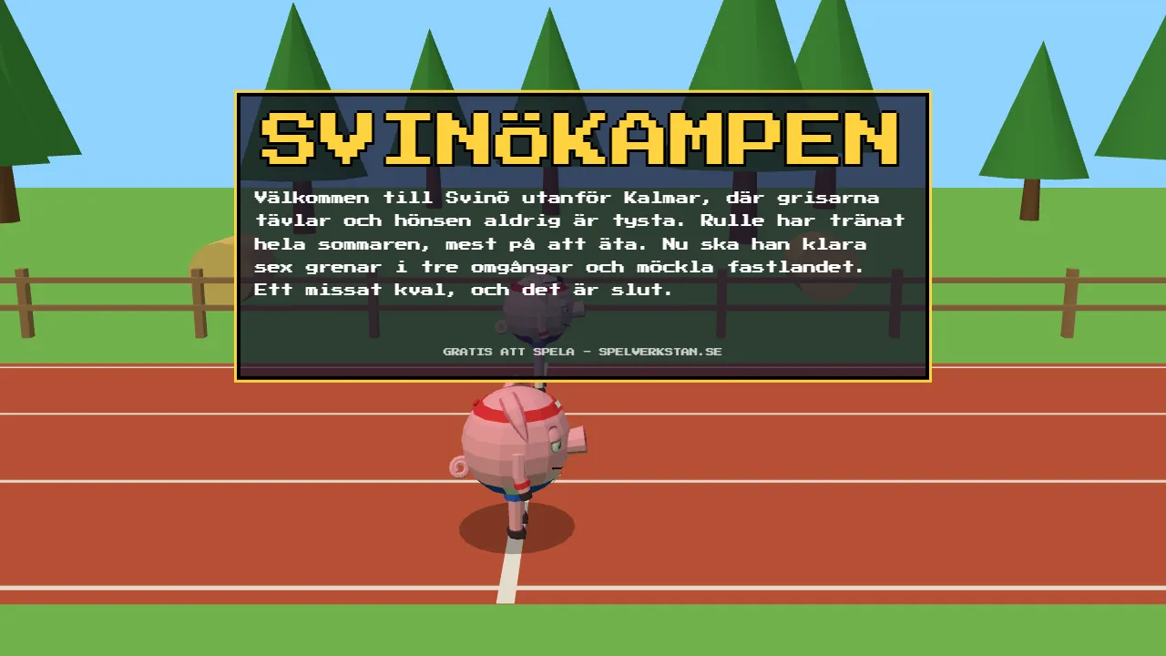 Titelskärmen till Svinökampen: grisen Rulle med svettband på löparbanan under titelrutan med introtexten